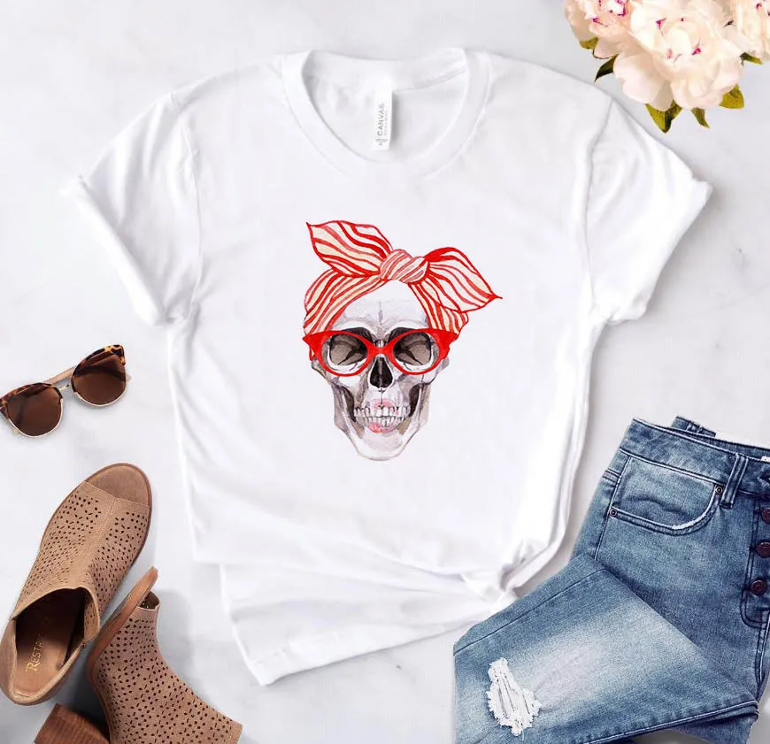 

Summer new women's short sleeve flower skull art print T-shirt elegant design casual women's shirt cute girl T-shirt tee women