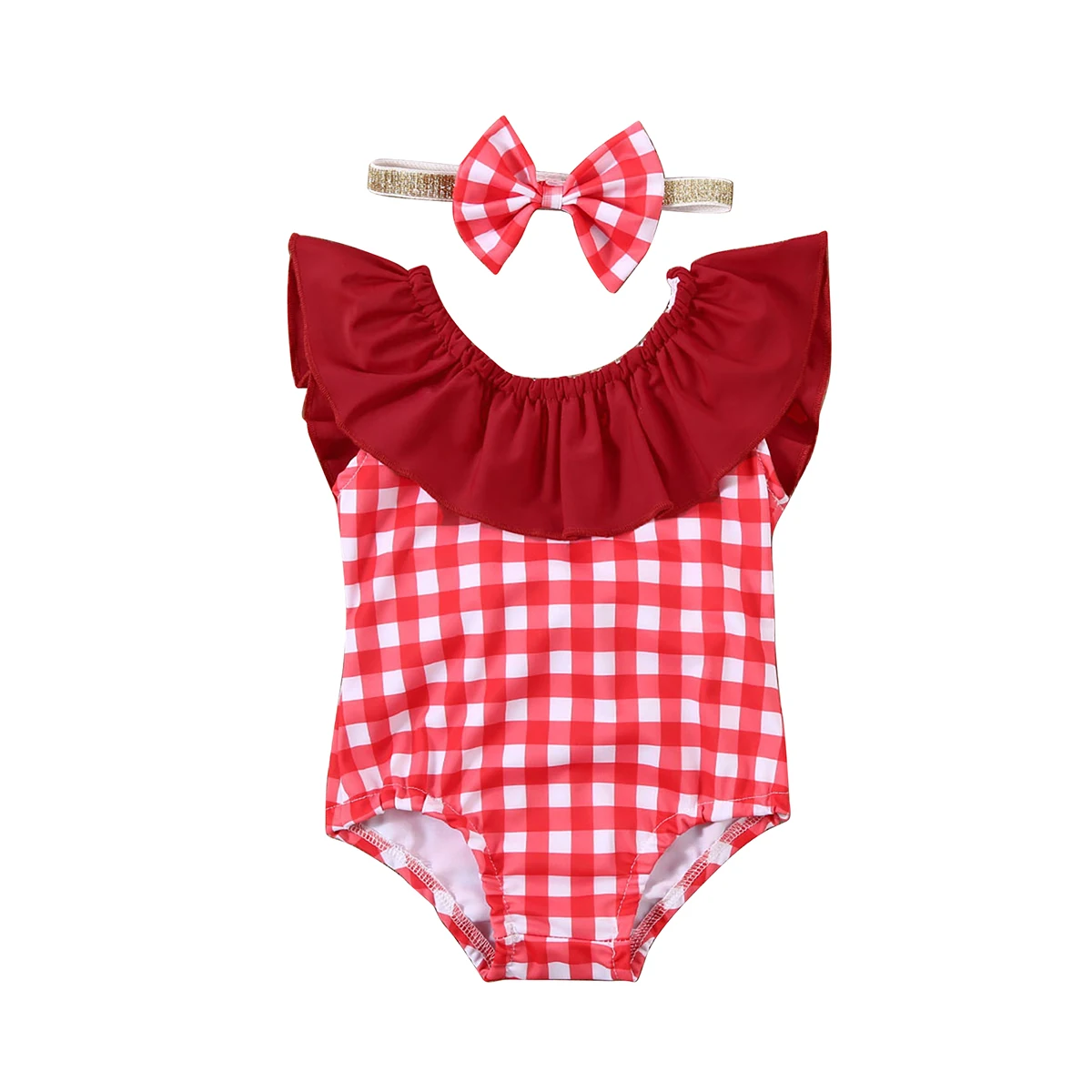 Summer Toddler Baby Girl Swimwear Bikini Ruffles Plaid Print Beach Wear