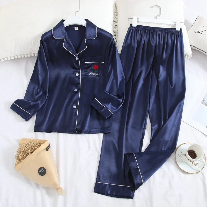

Autumn and winter women's ice silk home wear Lapel print large size long sleeve Pants Set leisure and comfortable home wear set