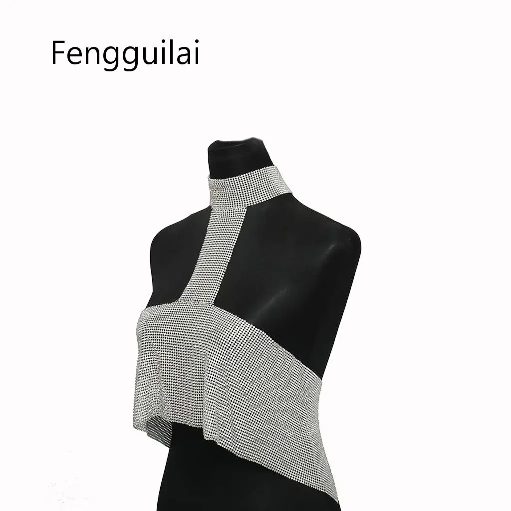 FENGGUILAI, блестящий женский укороченный топ с лямкой через шею, с бриллиантами, серебристо-золотой цвет, с низким вырезом на спине, топы, вечерние топы для ночного клуба