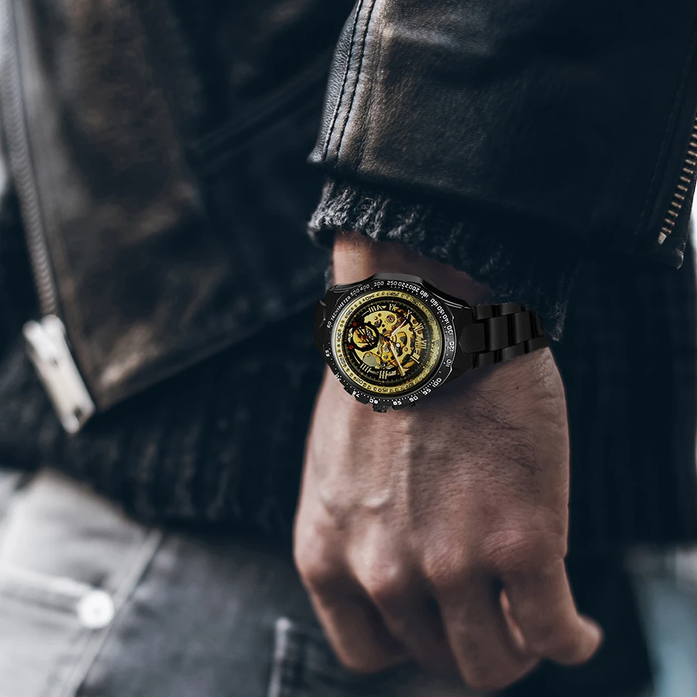 Mechanical Sport Design Bezel Gold Watch Men Automatic Mens Watches Skeleton Wristwatch Winner