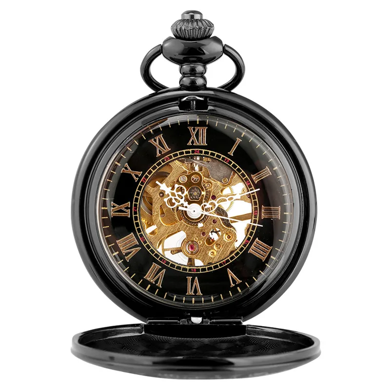 Steampunk Black Handwinding Mechanical Skeleton Pocket Watch for Men Women Pendant Chain Clock Carving Roman Number Timepiece