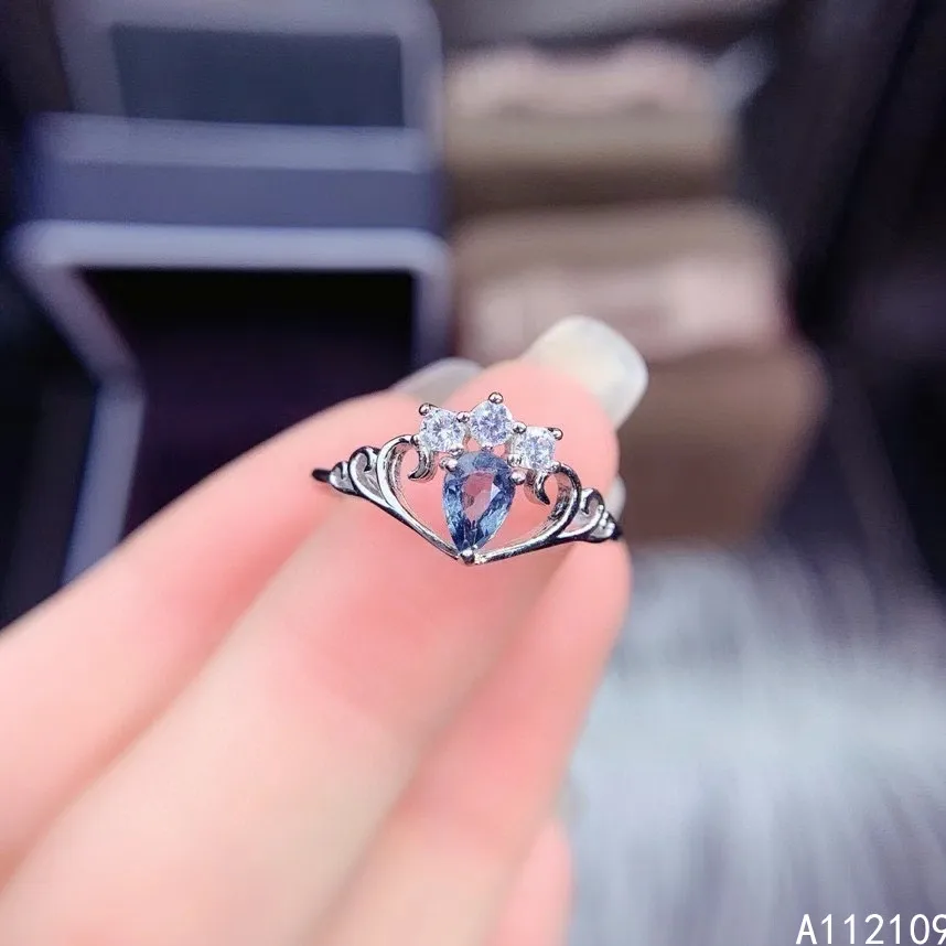 

Fine Jewelry 925 Sterling Silver Inset With Natural Gemstone Women Trendy Noble Water Drop Blue Topaz Adjustable Ring Support De