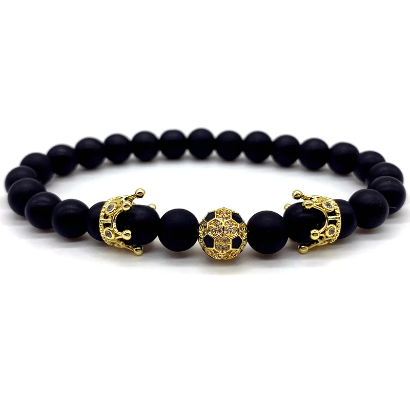 Роскошный мужской браслет с двойной короной и футбольным мячом черный матовый