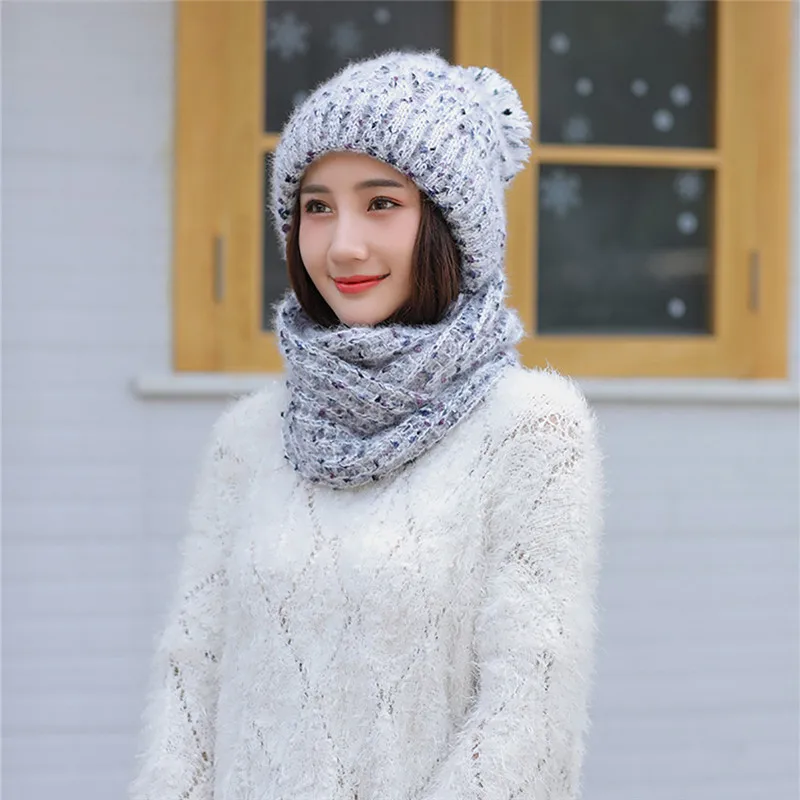 Новое поступление, зимняя вязаная шапка для взрослых женщин и мужчин, однотонный шарф в горошек с цветочным рисунком, теплая шапка с помпонами,, Прямая поставка, O18 - Цвет: White