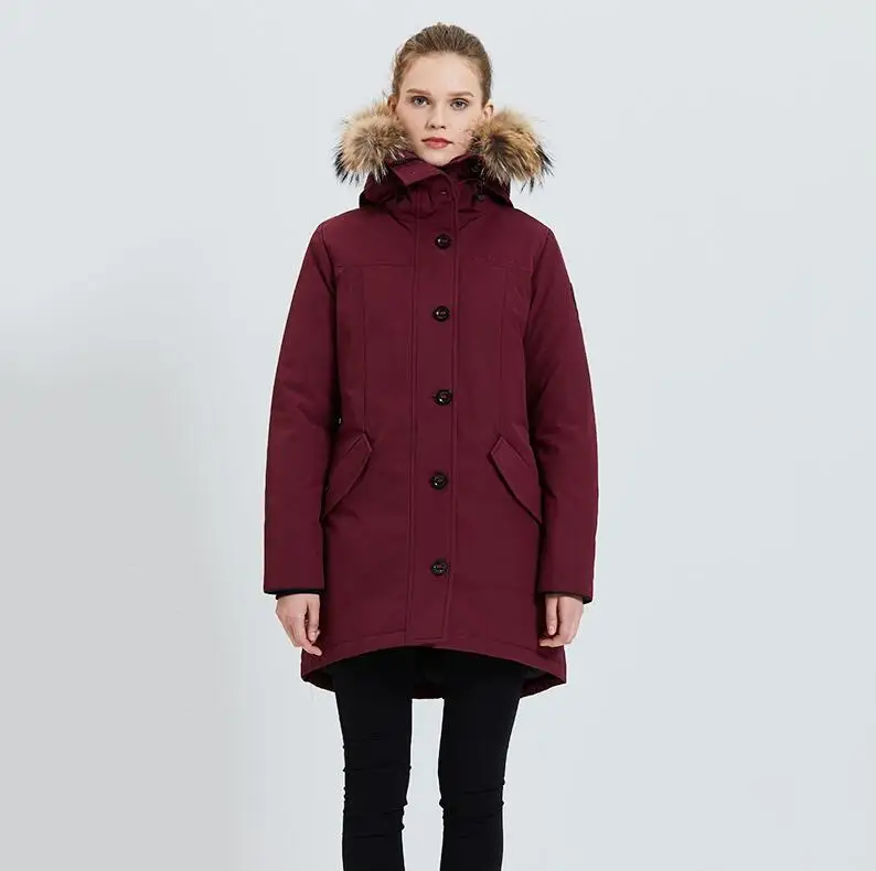 Tiger Force, женская зимняя куртка, утолщенная, теплая, парка с капюшоном из натурального меха, водонепроницаемая, ветрозащитная, для улицы, зимняя куртка, стеганое пальто - Цвет: Wine Red