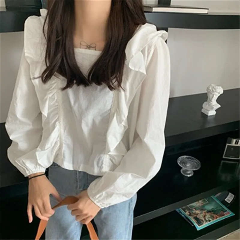 

Women's Blouse Autumn Korean Style Chic Minimalist Ruffled Blouse Shirt White Square Collar Long Sleeve Blusas 2020