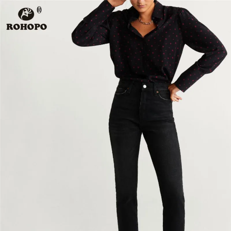 ROHOPO Red Polk Dot Lapel Collar Long Sleeve Black Blouse Buttons Fly Draped Shoulder Chic Ladies Slim Tops Blusa Shirt #9218 |