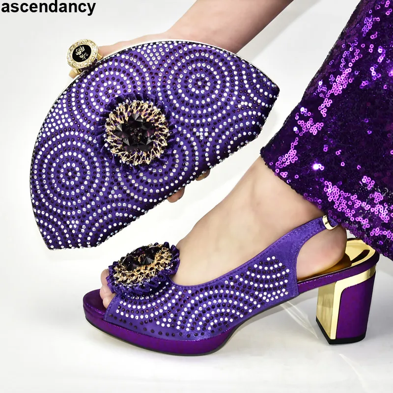 

New 2020 Italian Matching Shoes and Bag Set Decorated with Rhinestone Purple Color High Quality Shoe Bag Nigerian Party Pumps