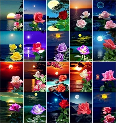 AZQSD Picture By Numbers Rose Sunset Seaside Acrylic Paint Hand Paint Kit On Canvas Painting By Numbers Flower Wall Decor Gift