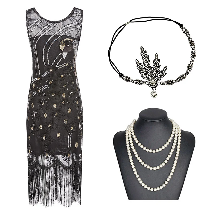 1920s отличная Хлопушка в стиле Гэтсби платье Вечерние вечернее блестящее Расшитое бисером бахрома Женская 20s платья платье(золото, бежевый, винно-красный, s-xxl - Цвет: Black Set
