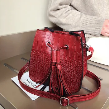 

Women Vintage Chic Mori Tassel Alligator Bucket Bags Crocodile Pattern Handbag High Capacity Shoulder Messenger Ladies PU Bags