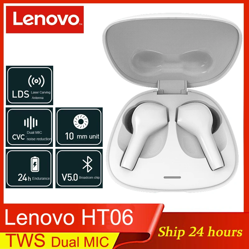 2020 Lenovo HT06 наушники вкладыши TWS True Wireless Bluetooth Dual с мирофонов подавляют шум
