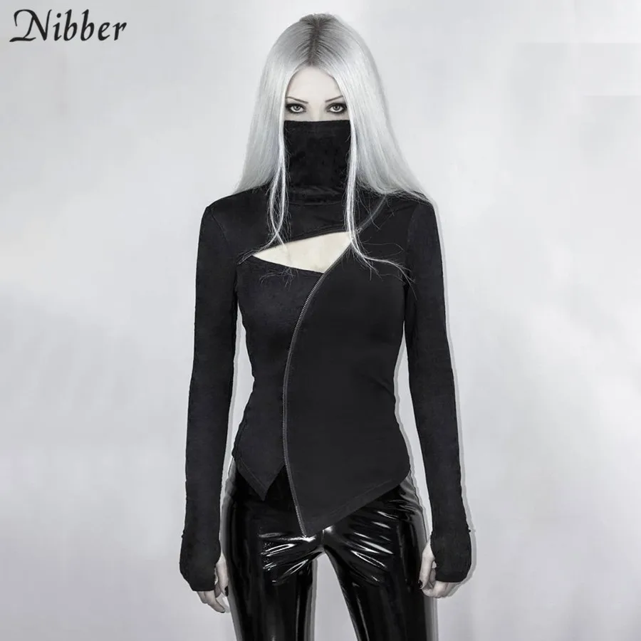 Nibber/Осенняя готическая Черная облегающая одежда для верхней части тела, женские T-shirt2019,, темно-стиль Лолита, дизайнерские топы на молнии, косплей, эластичные облегающие футболки, mujer