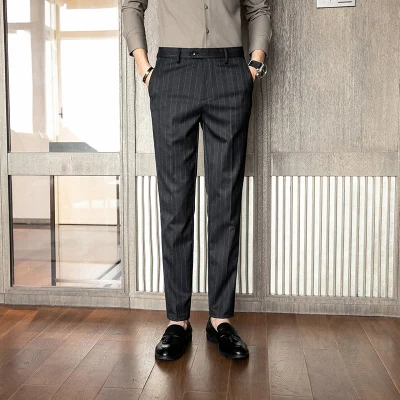 Black Striped Pants Мужские костюмы, Приталенные брюки для мужчин, деловые брюки, черный костюм в полоску, брюки, офисный костюм, мужские брюки - Цвет: Black Striped Pants
