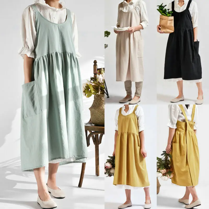 Women Cotton Linen Cross Back Apron Japanese Housework Wrap Pinafore Dress US 
