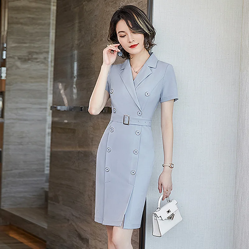 

Женское офисное платье Elegannt, двубортное летнее платье с коротким рукавом, офисная одежда, облегающее платье с поясом