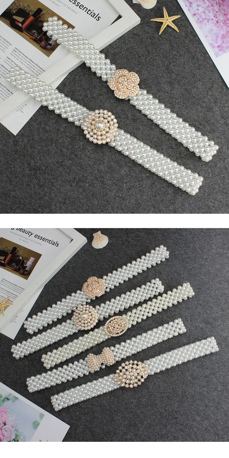 New Arrival Fashion Trend Women Double-row Four-row Pearl Belt Elastic Waist Closure with Dress Versatile Belt for Female black corset belt