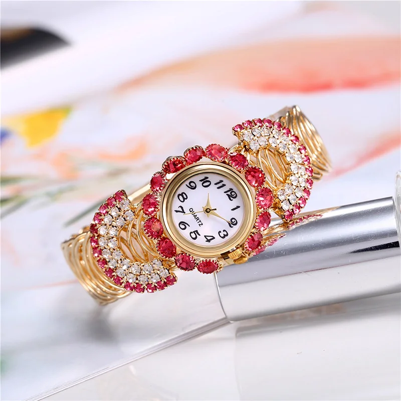 Trend Diamond Bracket Band Ring Bracelet Watch European and American Fashion Gorgeous Rhinestone Female Quartz Watch