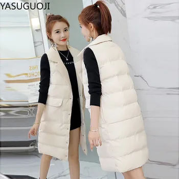 

YASUGUOJI New 2019 Thicken Warm Woman Vest Winter Turn-down Collar Long Vest Women Cotton Padded Women Jackets and Coats
