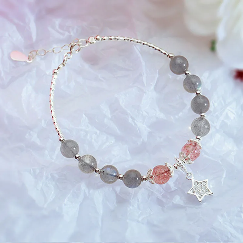 S925 Sterling Silver Moonstone Bracelets for Women Ladies Simple Sweet Strawberry Crystal Jewelry Star Moon Pendant Ornaments