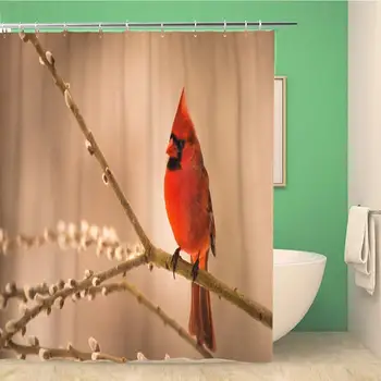 

Bathroom Shower Curtain Mr Red Male Northern Cardinal Perched on Beautiful Spring Polyester Fabric Waterproof Bath Curtain Set