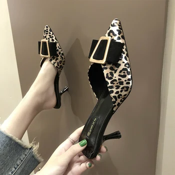 

Fashion Women High heel Slippers Slip On Mules Leopard Shoes Sexy Metal Buckle Pointed Toe 7.5cm Ladies Slippers