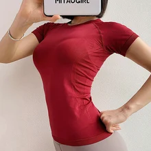 BESGO Женская Сексуальная футболка для йоги бесшовная тонкая спортивная футболка с коротким рукавом для тренировок полый фитнес тренажерный зал Топ Женская Спортивная одежда рубашка Топ