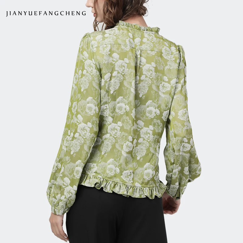 Elegant Light Green Women Floral Shirts Vintage