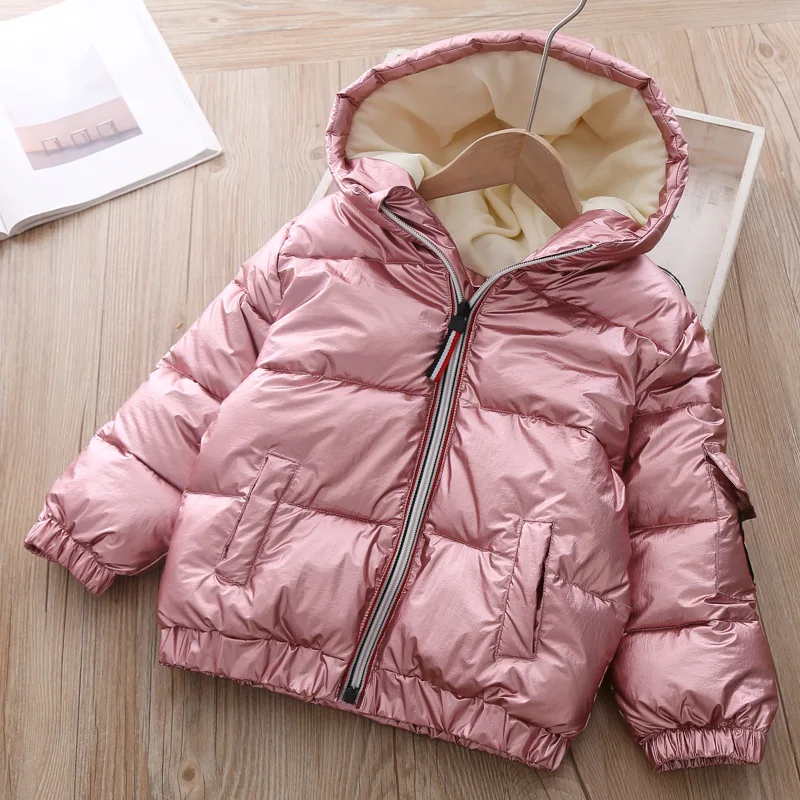 Детские Пуховые парки модная зимняя верхняя одежда с длинными рукавами, цвет серебристый, золотистый, розовый теплое пальто для маленьких мальчиков и девочек - Цвет: Розовый