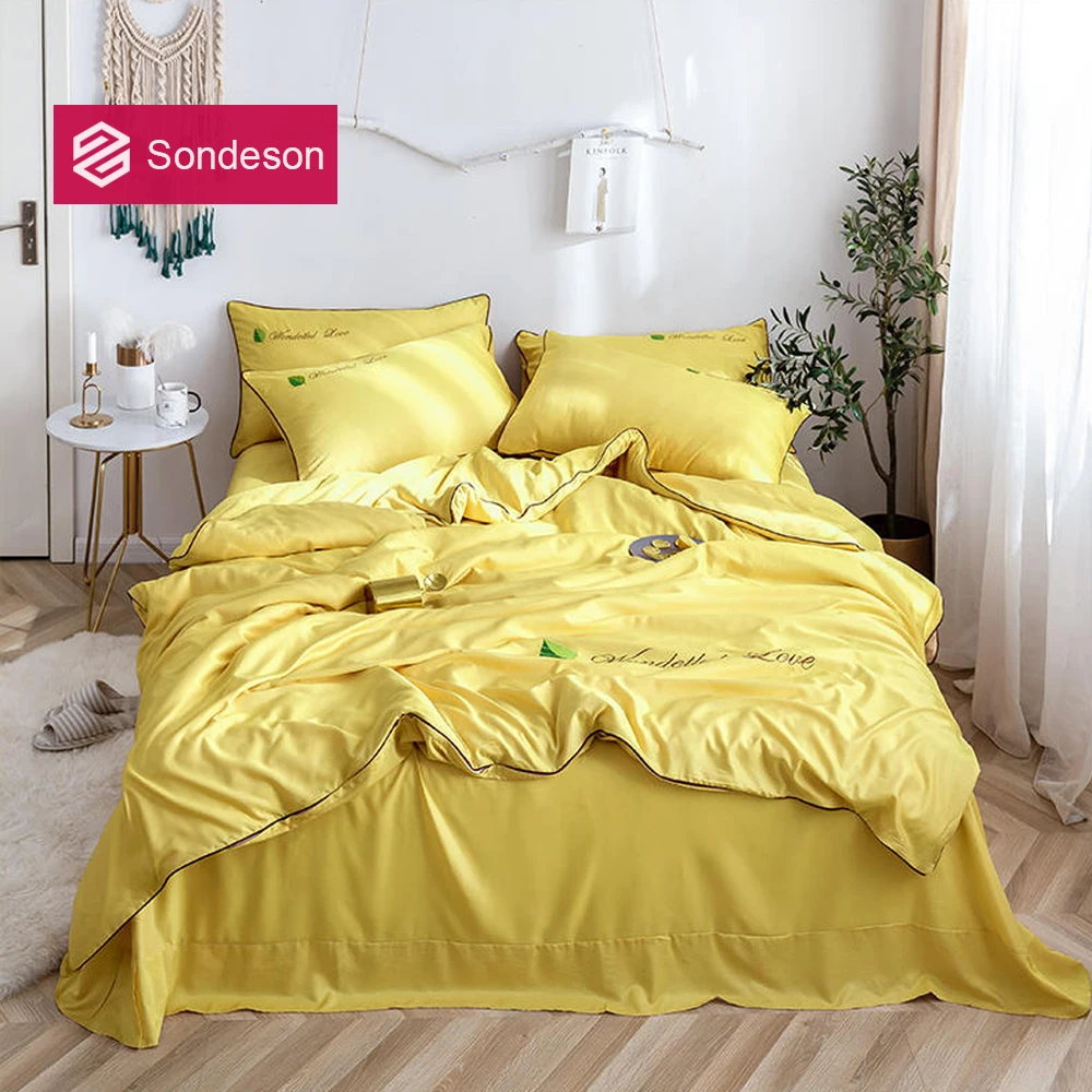 

Sondeson Luxury 100% Silk Yellow Beauty Bedding Set Silky Duvet Cover Sets Flat Sheet Pillowcase Queen King Bed Linen Set 4PCS