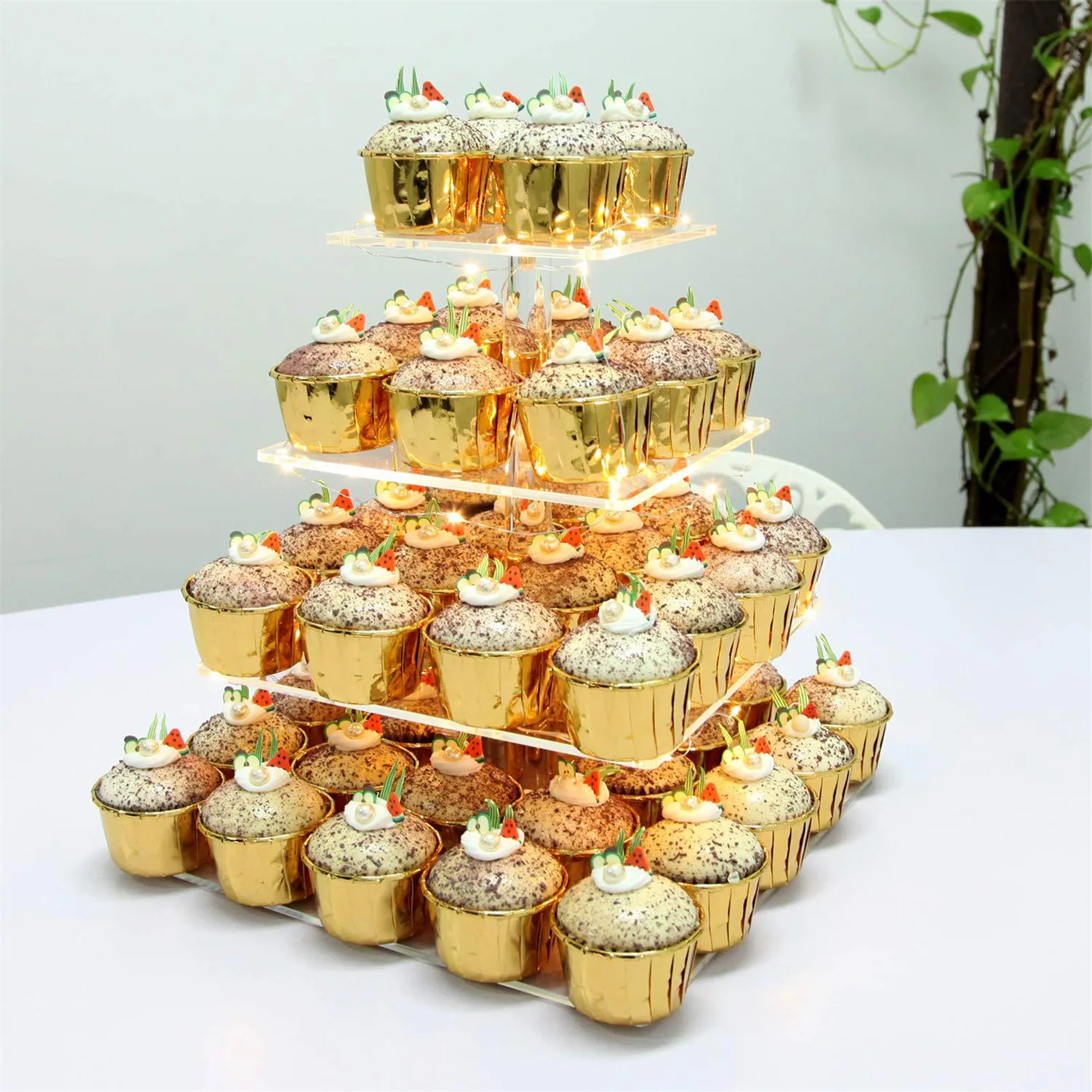 4-Tier Cake Plate Stand LED Light String Cupcake Holder Acrylic Cupcake Display Stand Holder Wedding Party Decoration Cake Tools