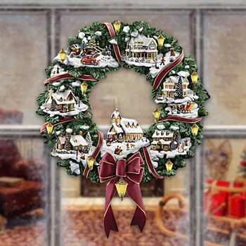 

1PC Merry Christmas Village Flower Wreath Wall Showcase Glass Decorations Paste Window Paste Sticker Party Decoration Atmosphere