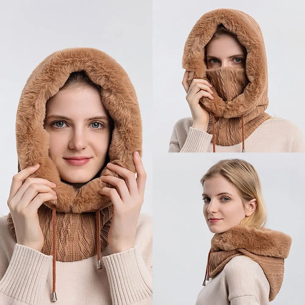 Winter Fur Cap Mask Set Hooded for Women Knitted Cashmere Neck Warm Russia Outdoor Ski Windproof Hat Thick Plush Fluffy Beanies |