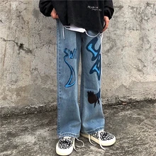 Осень-зима, женские джинсы в Корейском стиле, 90 s, граффити, прямые брюки, хип-хоп, длина по щиколотку, синие, женские, деним, хлопок, высокая талия, джинсы