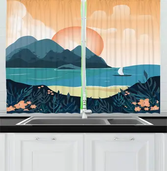 

Peach Sea Blue Hawaii Sunset Kitchen Curtains Mountainous Landscape by The Sea with Sailing Boat Flowers for Kitchen Cafe Decor