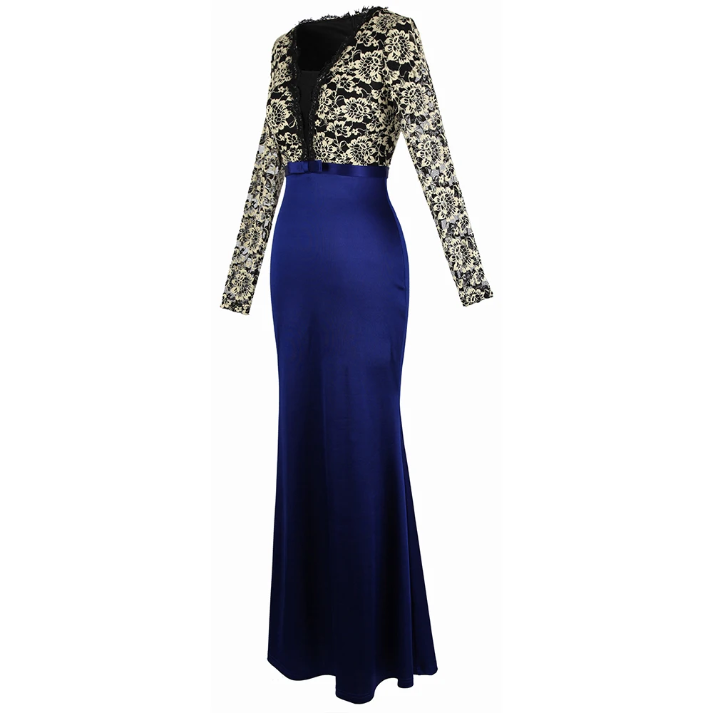Angel-Fashion, кружевное вечернее платье с длинным рукавом, v-образный вырез, бант на поясе, атласные вечерние платья, Королевский синий цвет, 451