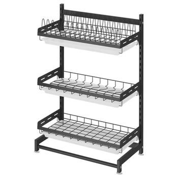 

3 Tiers/2 Tiers Stainless Steel Kitchen Dish Storage Stand Anti-Slip Tableware Storage Rack Organizer Kitchen Shelf Pantry-Black