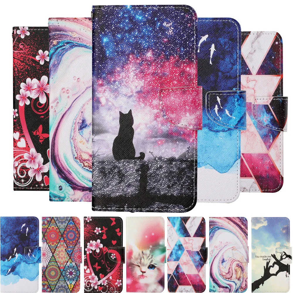 Flip Card Slot Wallet Leather Case For Redmi Note 5 5A Plus 6 7 7A 8 8A 9 9A 9C 9T 9S 10 10S Pro Cat Starry Sky Painted Cover