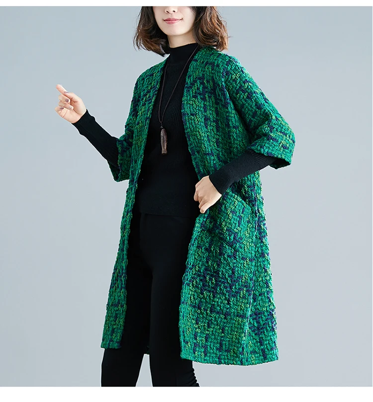 Женский шерстяной кардиган, пальто большого размера, винтажный вязаный, шерстяной пиджак, Куртка Harajuku, Осень-зима, женское зеленое пальто 5XL, женская блузка