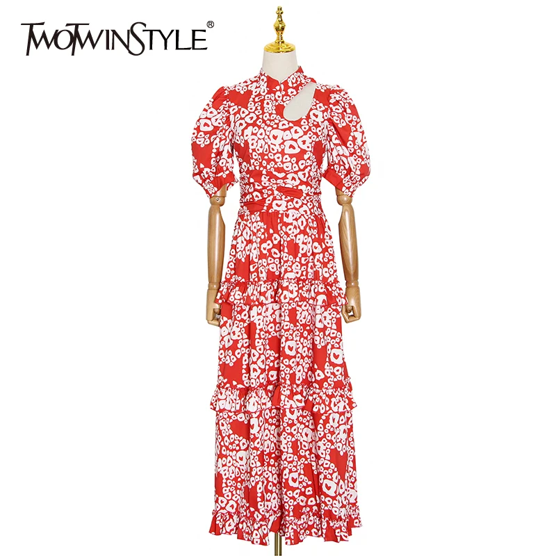 TWOTWINSTYLE Hollow Out Ruffle Print Dress Women Stand Collar Puff Sleeve High Waist Dresses For Female Summer Fashion New 2020 TWOTWINSTYLE Hollow Out Ruffle Print Dress Women Stand Collar Puff Sleeve High Waist Dresses For Female Summer Fashion New 2020