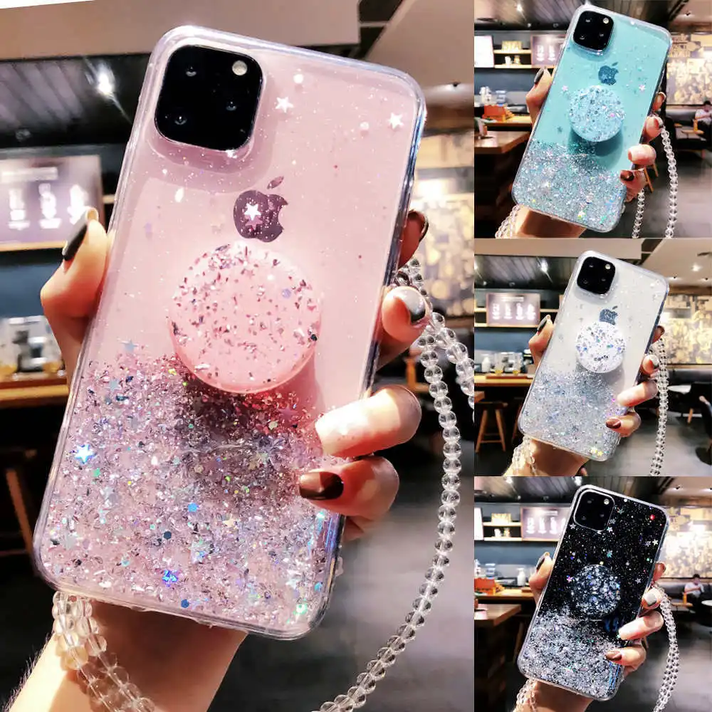 Блестящий блестящий чехол для iPhone 11 Pro Max XS XR X 6s 6 7 8 PlusSlim с подставкой держатель