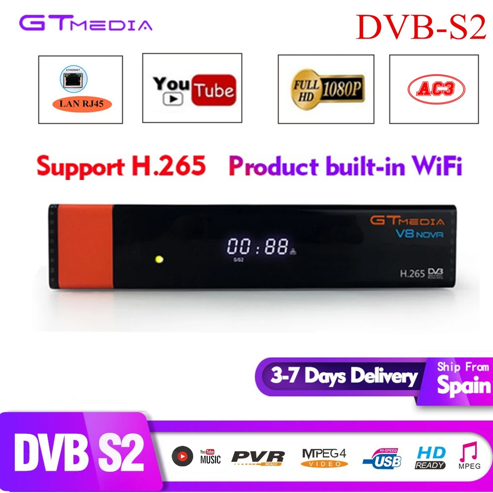 GTMedia Full hd FREESAT DVB S2 V8 спутниковый ресивер ТВ коробка H.265 поддержка YouTube, Bisskey, Cccam, Wi-Fi сетевой общий телеприставка