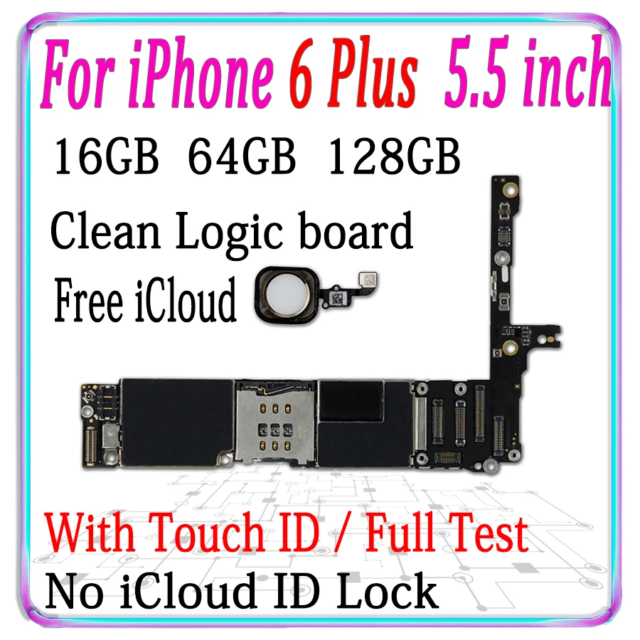 Оригинальная разблокированная материнская плата для iPhone 6 Plus с сенсорным ID, бесплатный iCloud для iPhone 6 Plus логическая плата с системой IOS MB