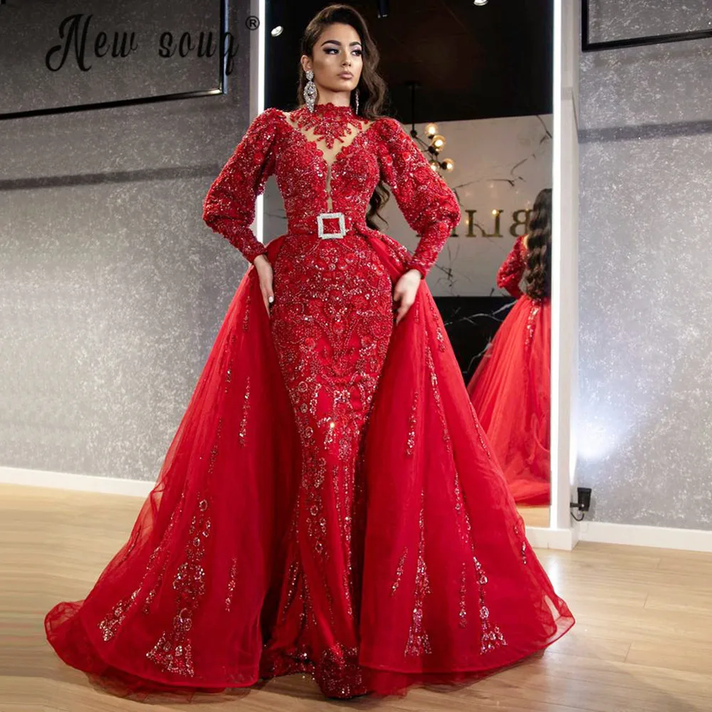 

Роскошное Красное Кружевное блестящее платье со съемным шлейфом, высоким воротом и длинным рукавом, украшенное бисером, для свадебной вечеринки, на заказ