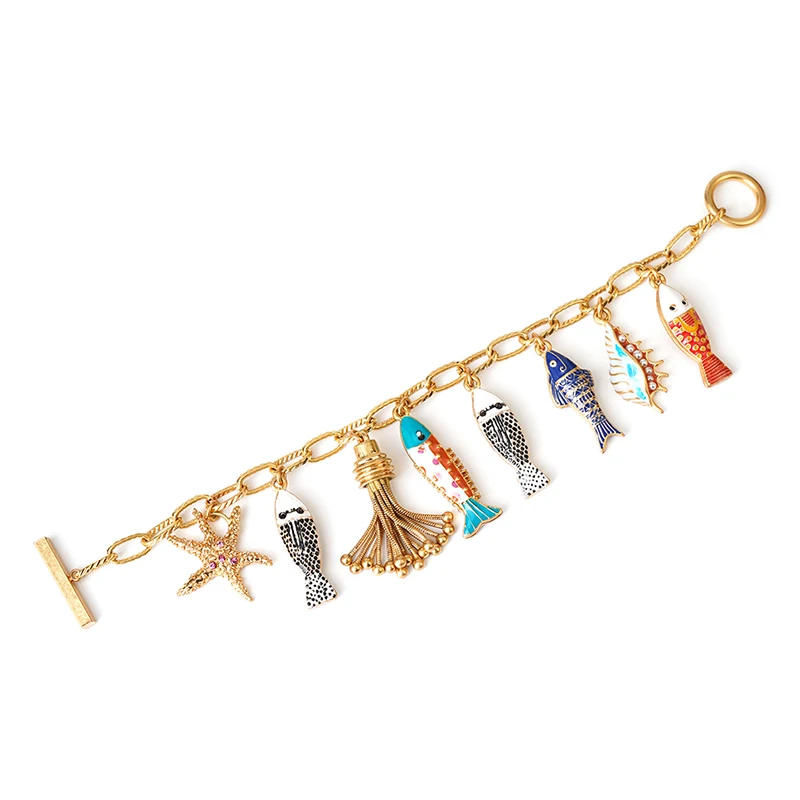 Bohemia Ocean Beauty Charms Bracelet Bangle Hand Enamel Fishes Conch Seastar Tassel Pendants Toggle Bracelet Pulseras - Image 4