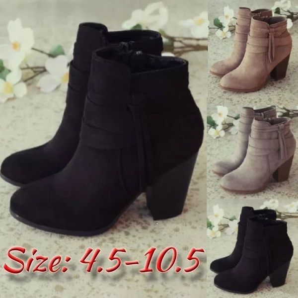 Women Side Zipper Boots Fashion Suede Low Heel Shoes Women Short Boots Square Heels Casual Ankle Boots Plus Size 43