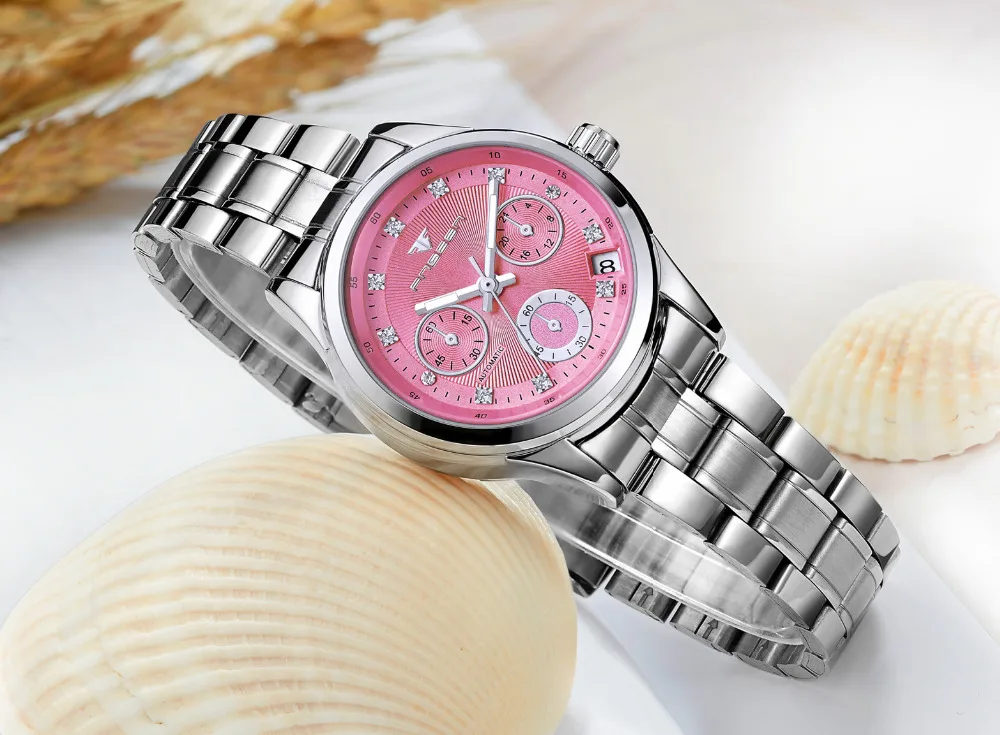 FNGEEN роскошные женские часы из нержавеющей стали с бриллиантовым циферблатом Автоматическая Дата Механические часы розовые Изящные женские часы reloj mujer