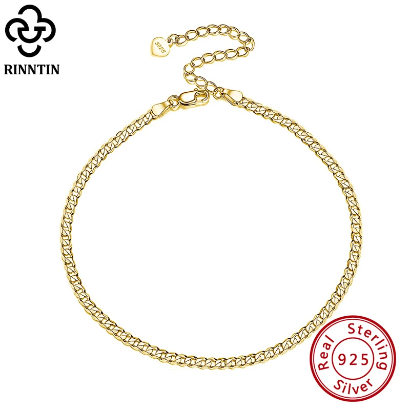 Rinntin 925 Sterling Silver Cuban Chain Anklets for Women Fashion Adjustable 14K Gold Foot Bracelet Ankle Straps Jewelry SA11 anklet bracelets silver anklets ankle chain