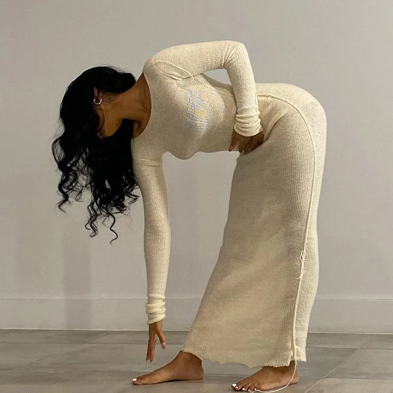 WJFZQM New Knitted Bodycon Dress Fairy Grunge Casual Fashion Streetwear Women Autumn Y2K Solid O-neck Long Sleeve Maxi Dresses macys dresses